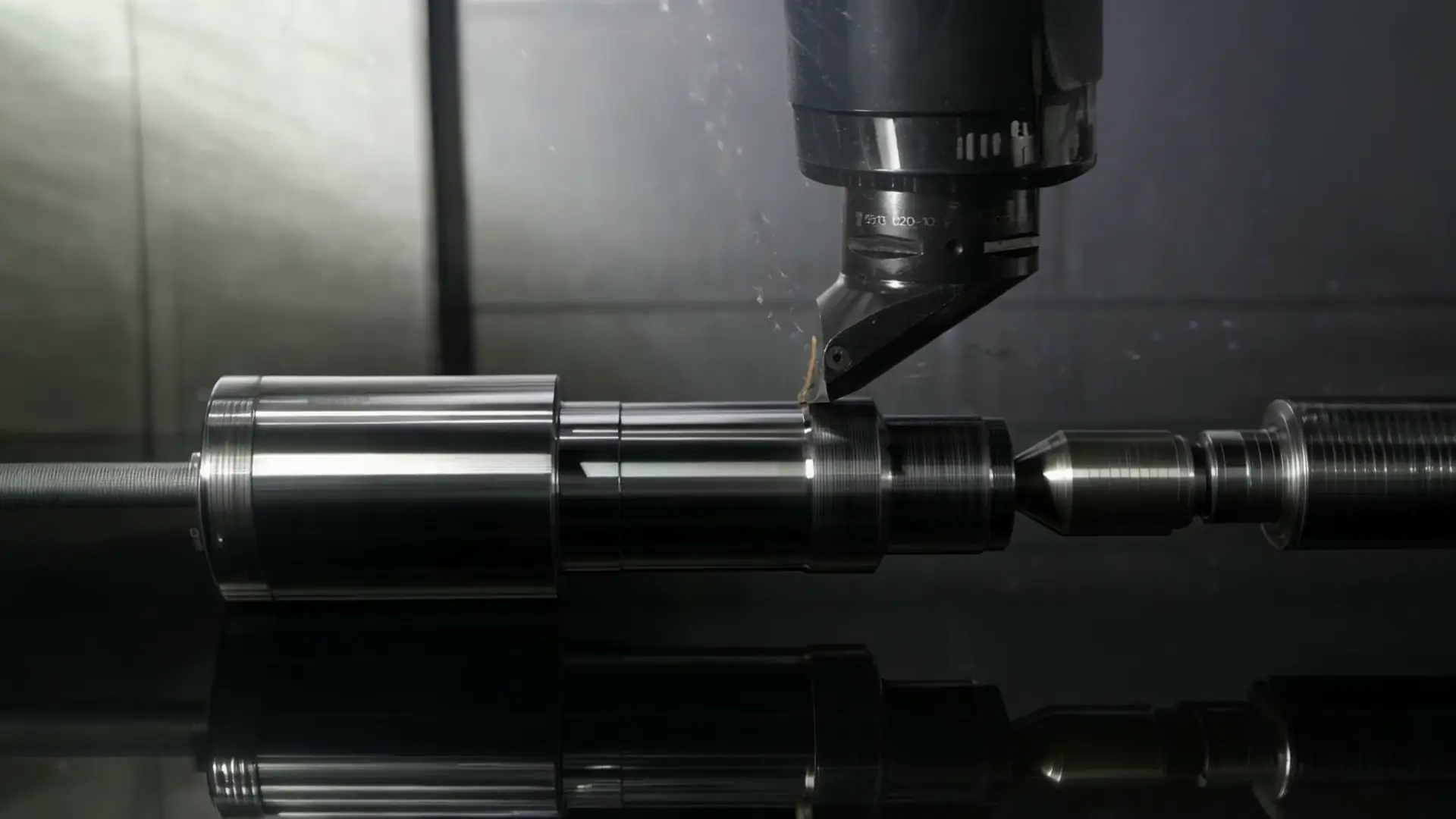 Cutting tool approaching a steel workpiece on a lathe