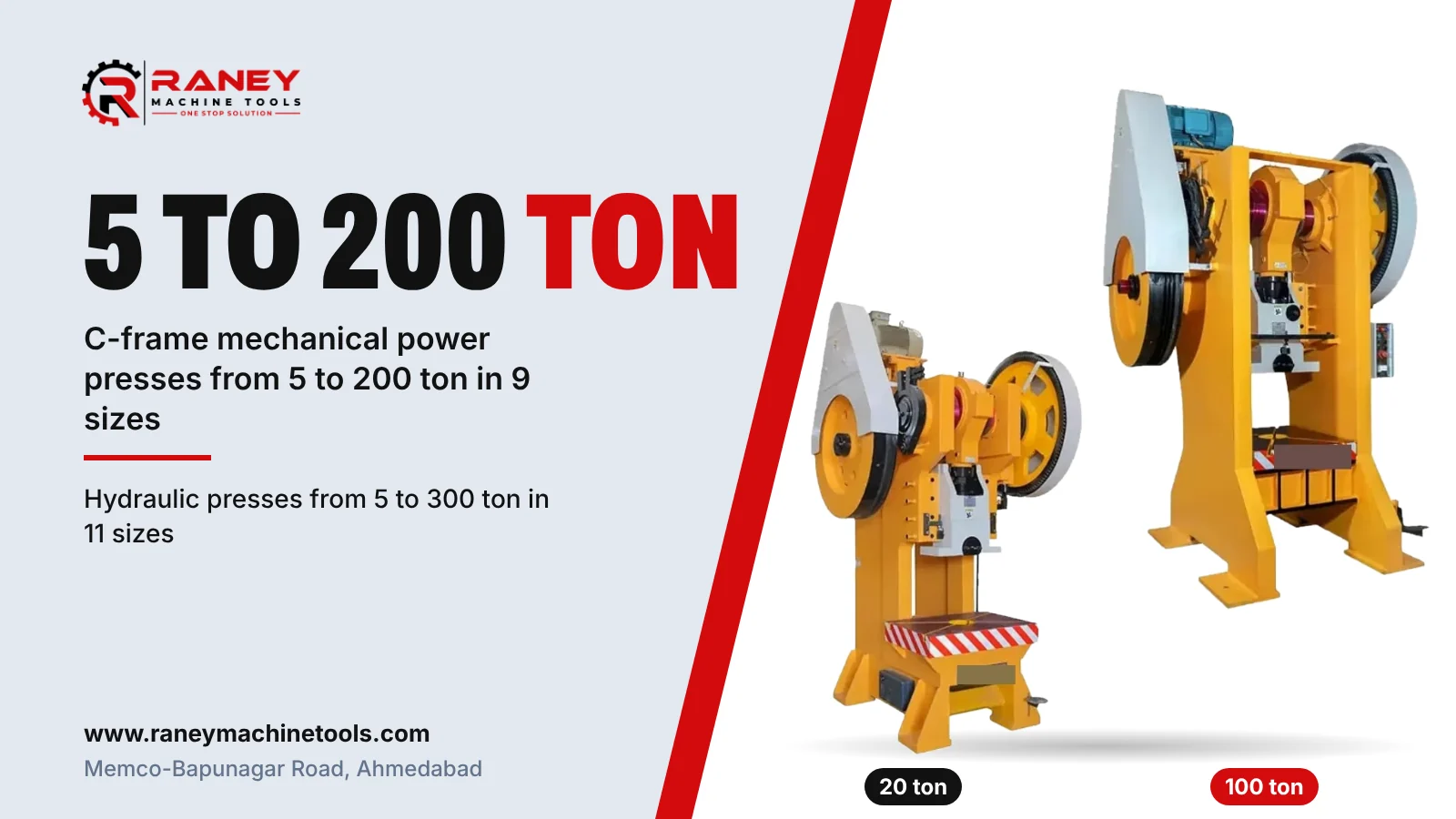 20 ton and 100 ton power presses from the Raney Machine Tools range of 5 to 200 ton