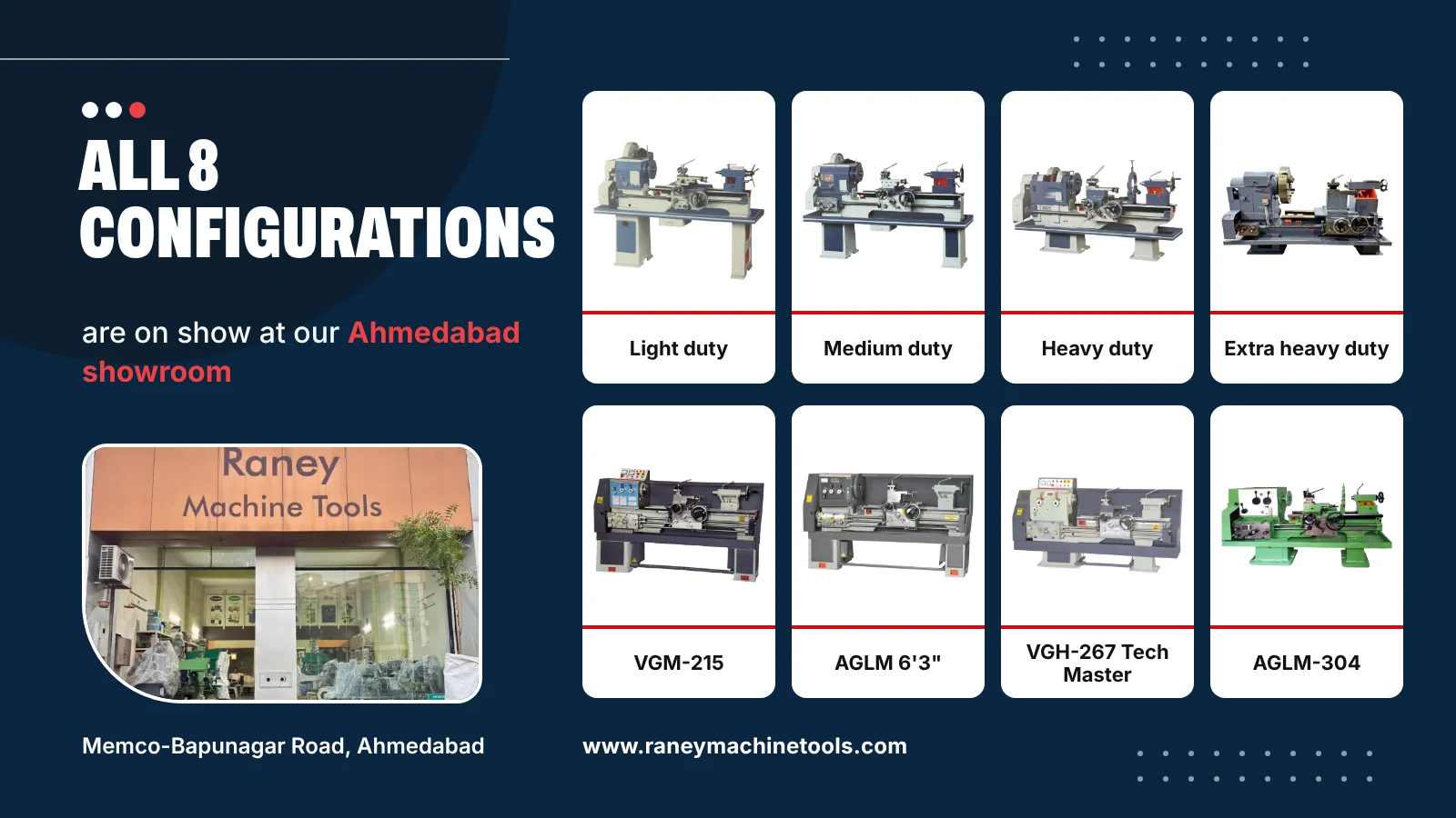 All 8 lathe machine configurations on show at the Raney Machine Tools showroom, Ahmedabad